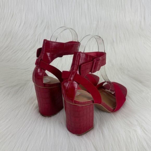 Bamboo Red Milestone Croc Accent Ankle Strap Chunky Block Heel Sandals - Picture 6 of 10